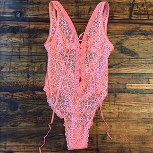 VS Coral Lacy Tie-up Lingerie Bodysuit