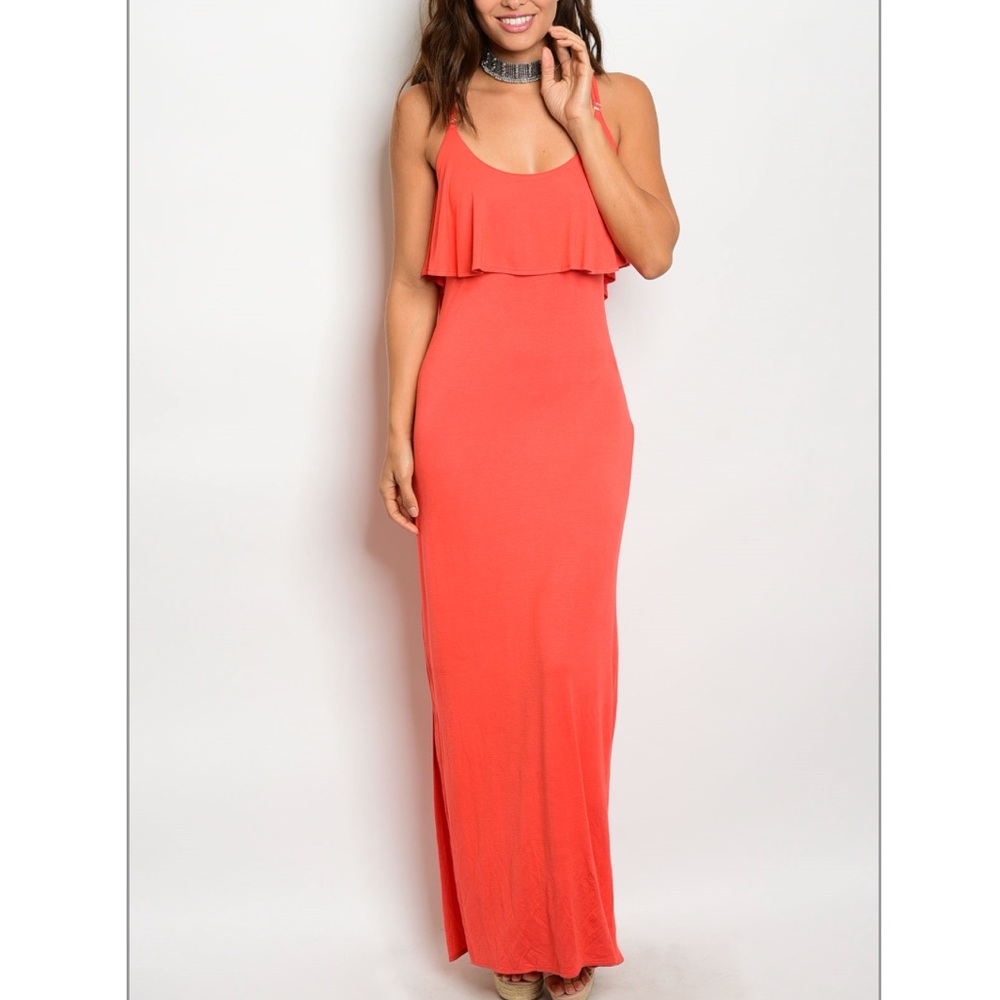 Coral Ruffled Maxi Dress