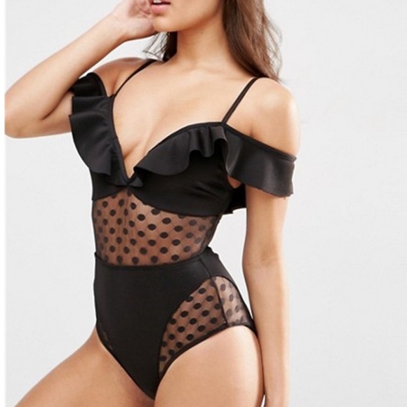 open shoulder polka dot one piece swimwear