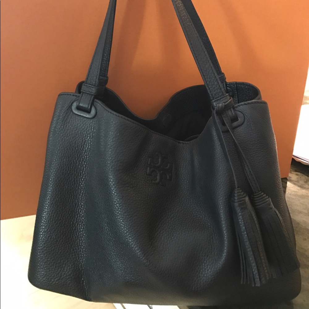 Tory Burch black embossed logo handbag