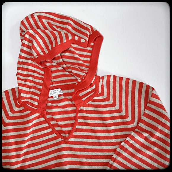 Coral striped 3/4 sleeve hooded spring sweater - Picture 2 of 3
