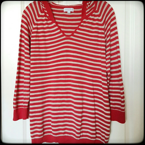 Coral striped 3/4 sleeve hooded spring sweater - Picture 3 of 3