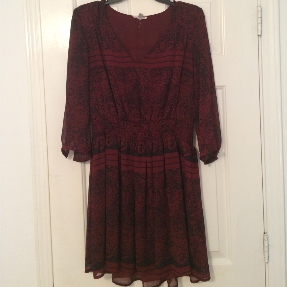 Red patterned dress.