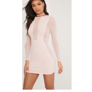 Nude Mesh Insert Long Sleeve Bodycon Dress