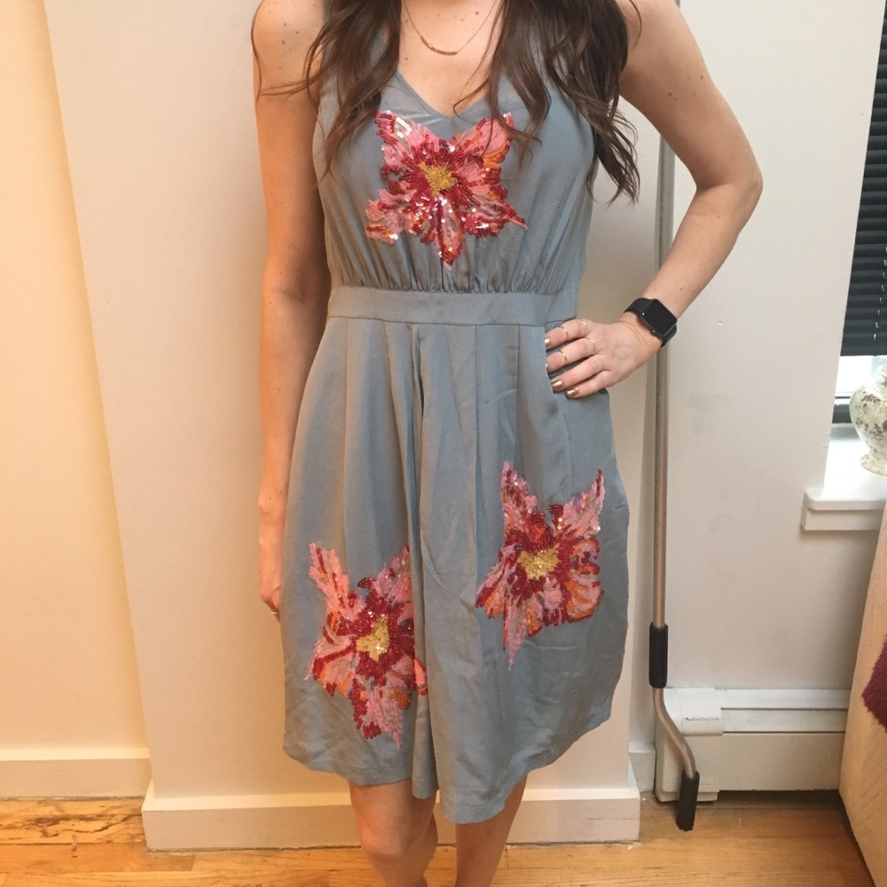 Dusty Blue Lil Anthropologie Sequined Flower Dress