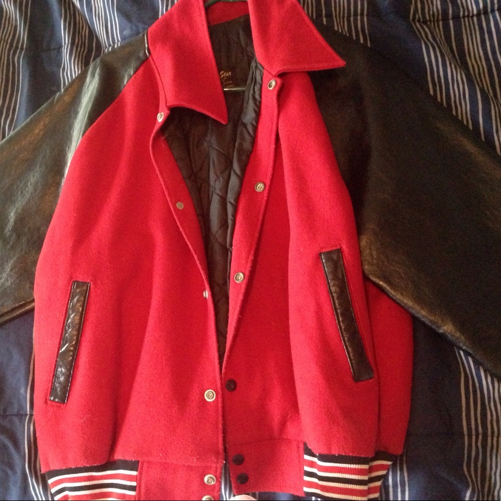 Red and black Lone Star letterman's jacket