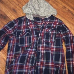 blue and burgundy hooded button down flannel