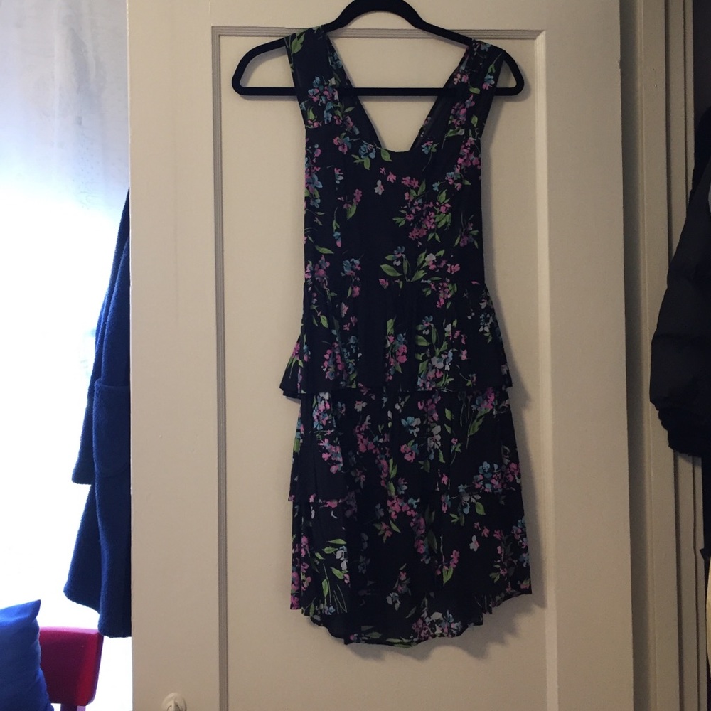 Black floral mini dress with back cutout