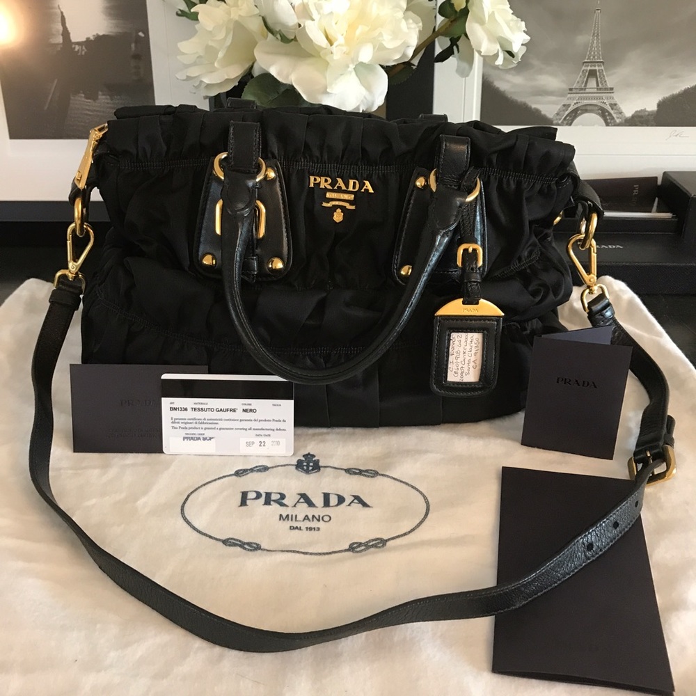 PRADA RUCHED NYLON TESSUTO GAUFRE BAG NERO BN1336