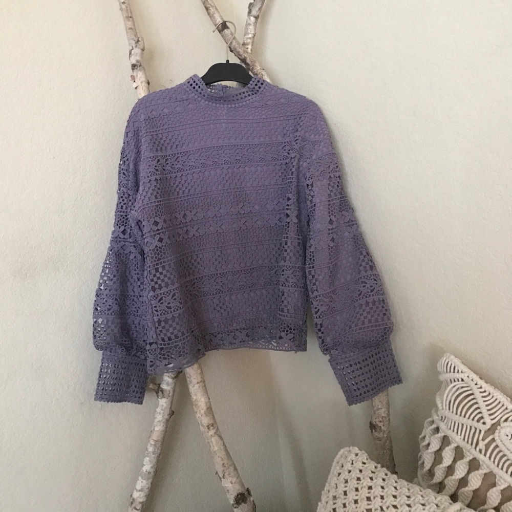 Purple Lavender lace blouse high neck top puffy