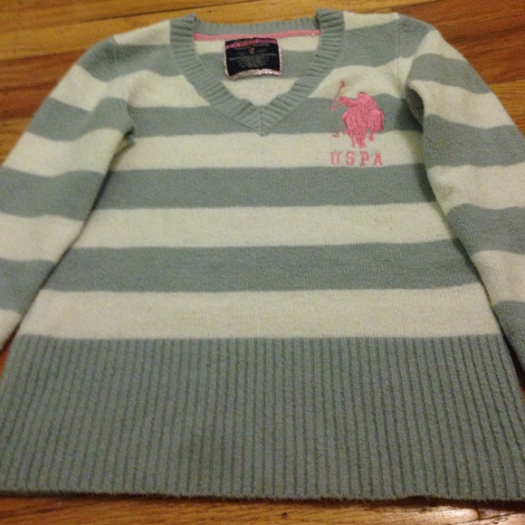 White and Gray Striped Polo V Neck Sweater - Picture 2 of 3