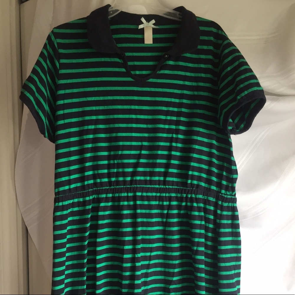 Green & Navy Blue Striped Dress w/Peter Pan Collar
