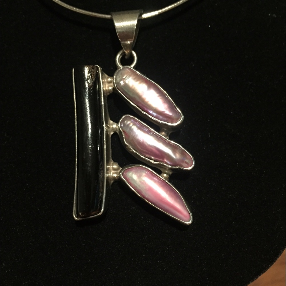 Pink Mother of Pearl and Black Coral Pendant
