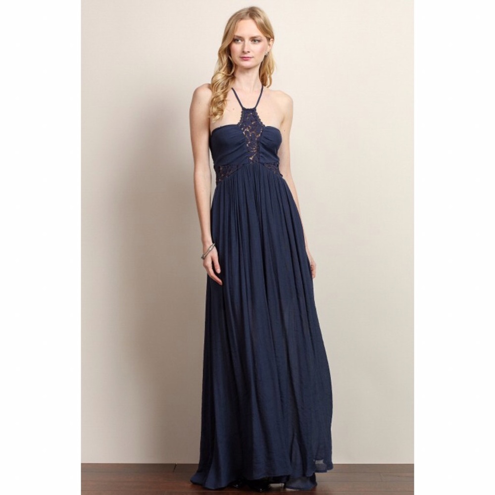 Navy lace bodice tie back maxi dress