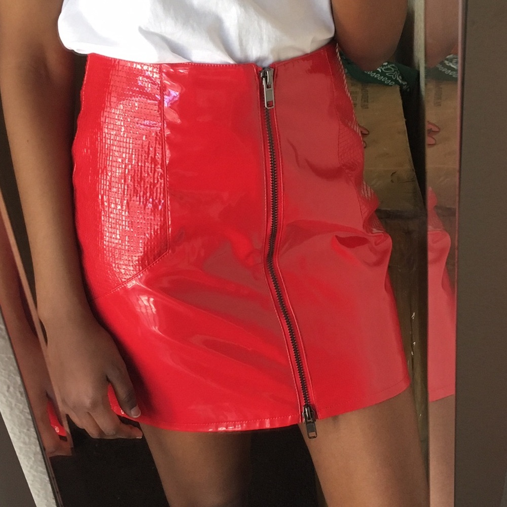 H&M Red Patent PVC Zip Front Skirt