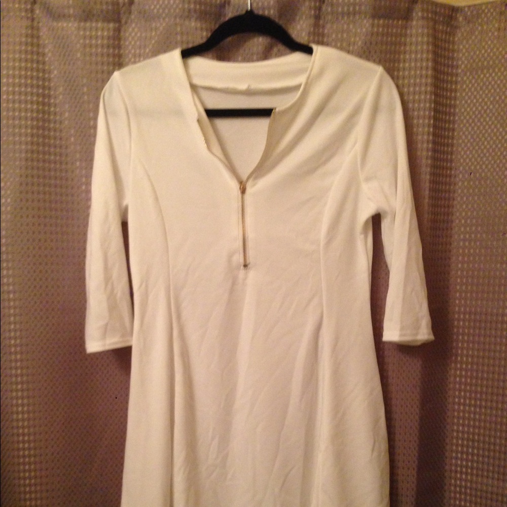 White Zipper 3/4 sleeves A-Line Dress