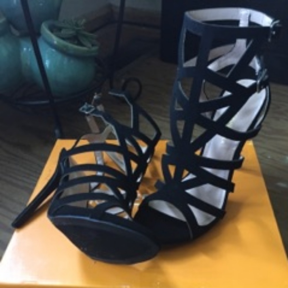 NIB, black caged heels
