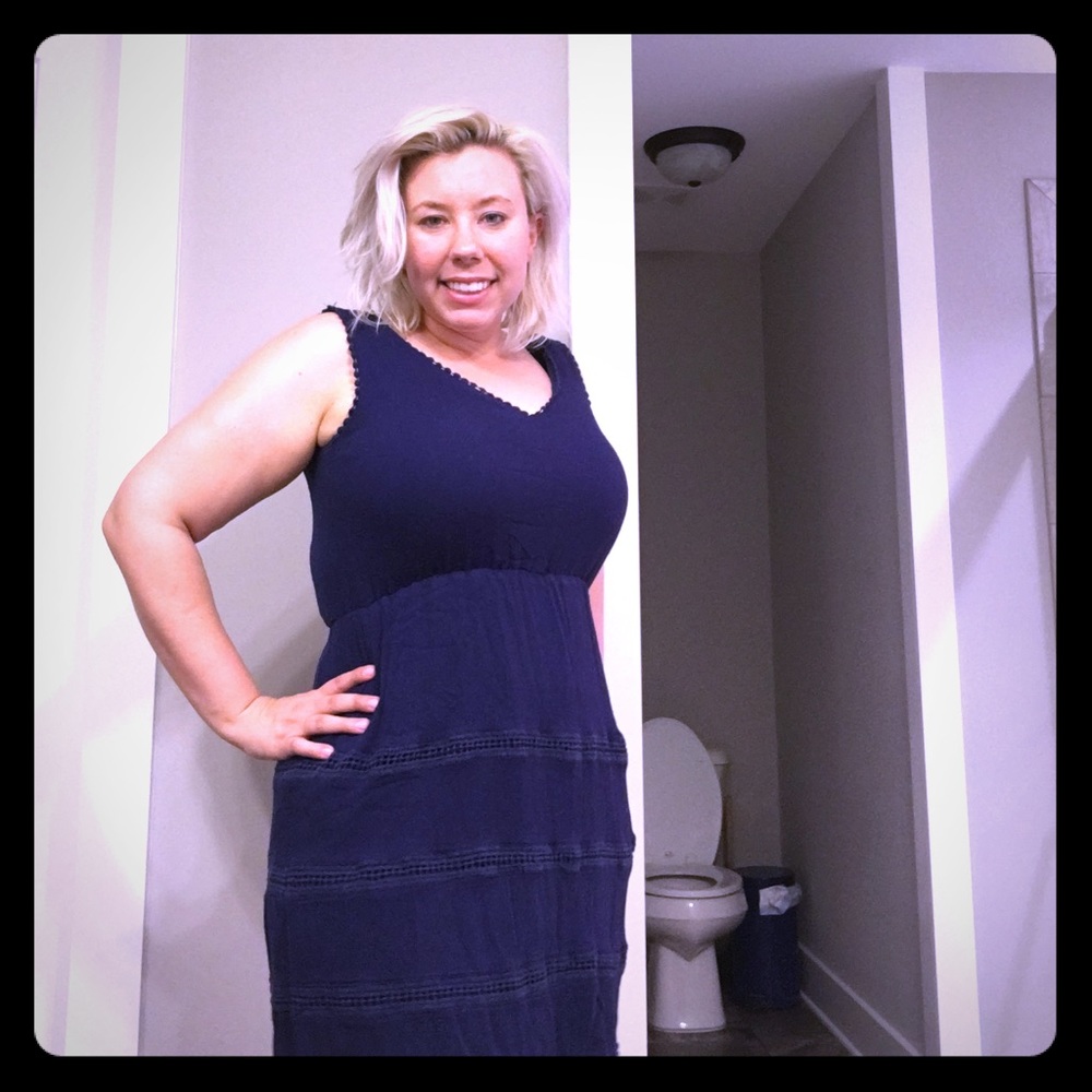 Navy blue dress with crochet detailing; L.