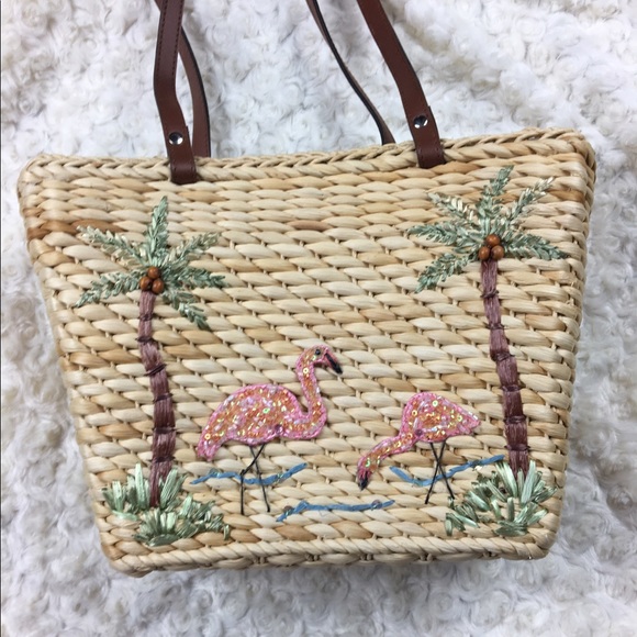 Handbags - Flamingo Woven Beach Bag