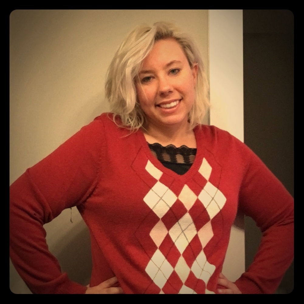 Red argyle sweater in size large