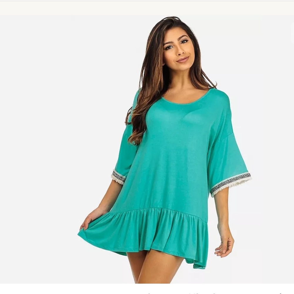 WOMEN'S JUNIOR Boho Ruffled Hem Tunic Dress Green