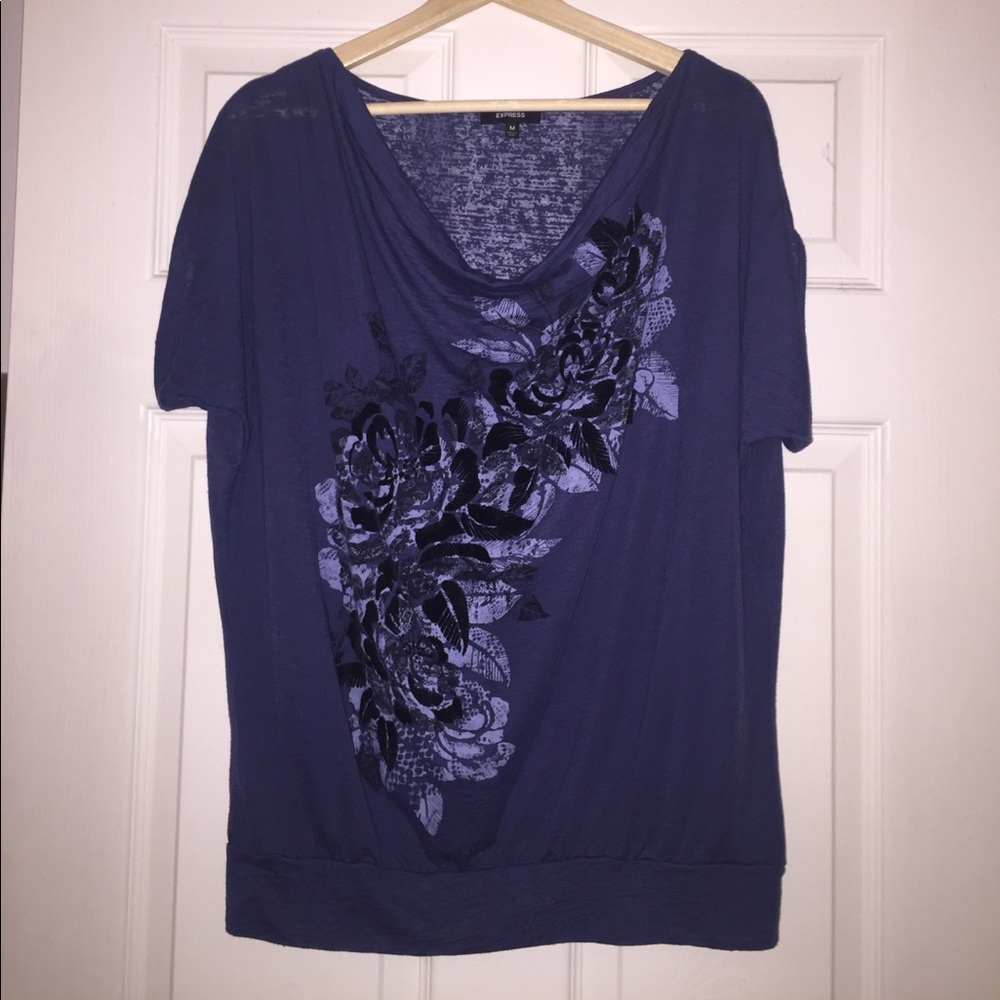 Blue burnout style shirt with floral stamp design