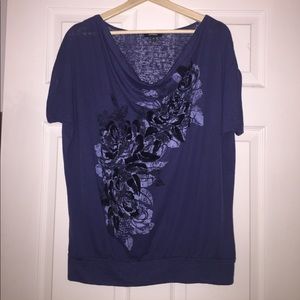 Blue burnout style shirt with floral stamp design
