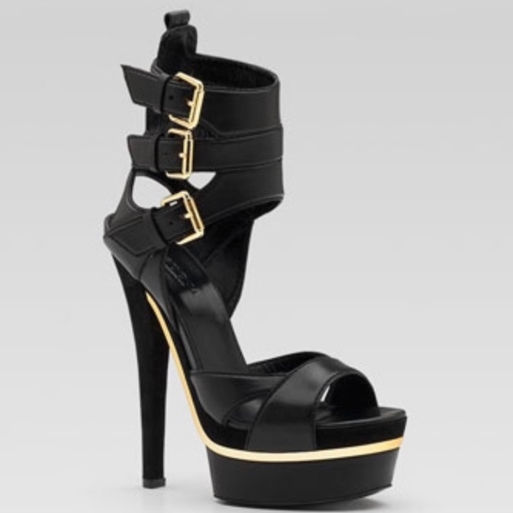 Gucci Black Triple Ankle Strap Platform Sandals