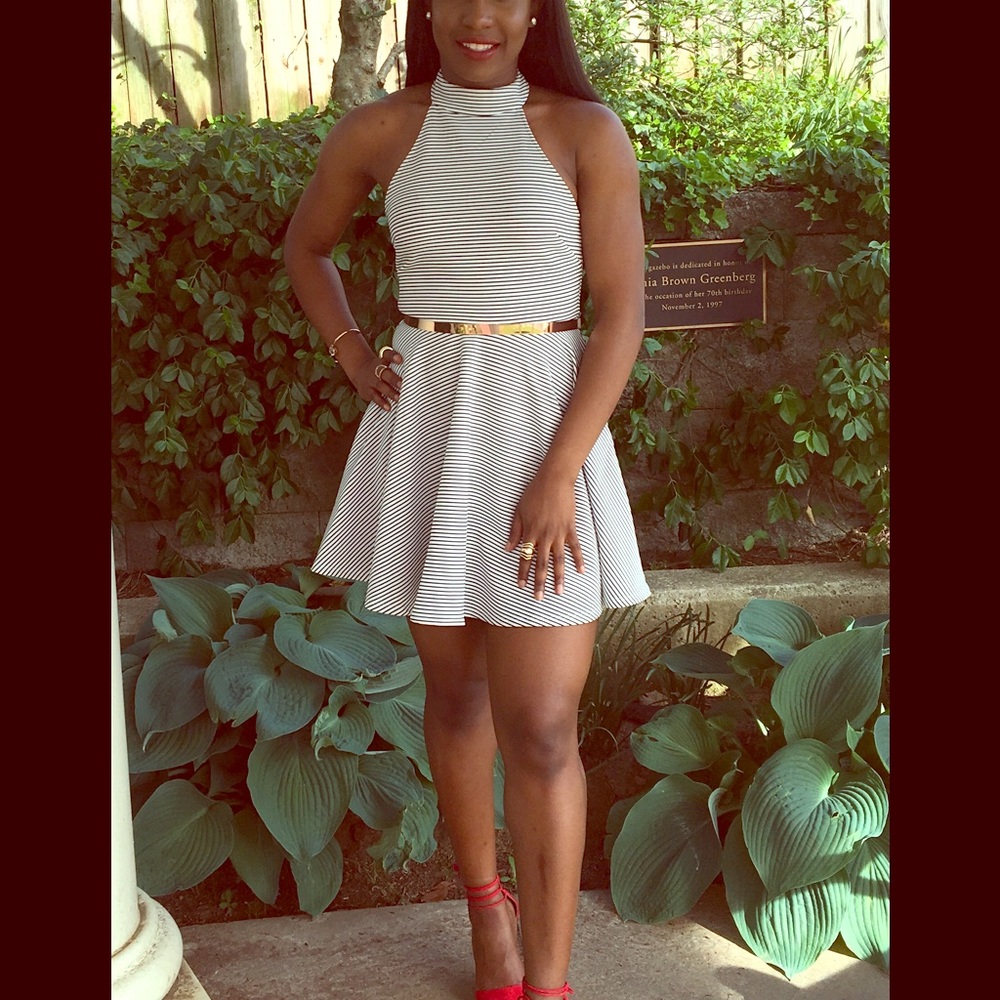 Black and white striped alter skater dress