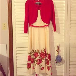 Cream midi dress with red 3/4 sleeve bolero