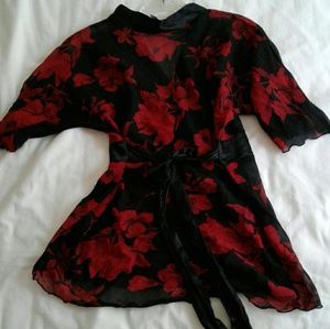 Red and black  floral mesh top