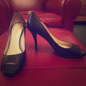 Girls Night Out-Black Leather Peeptoe Stilettos 👠