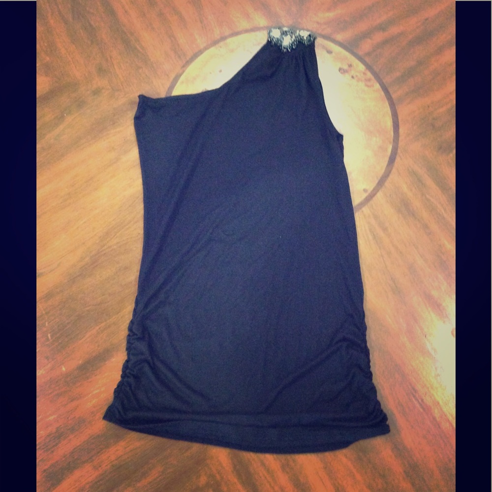 POETRY One Shoulder Blouse Black Flower Beaded M