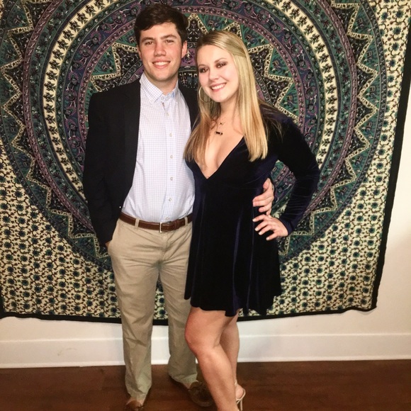 very J Navy velvet long sleeve deep V dress - Picture 3 of 3