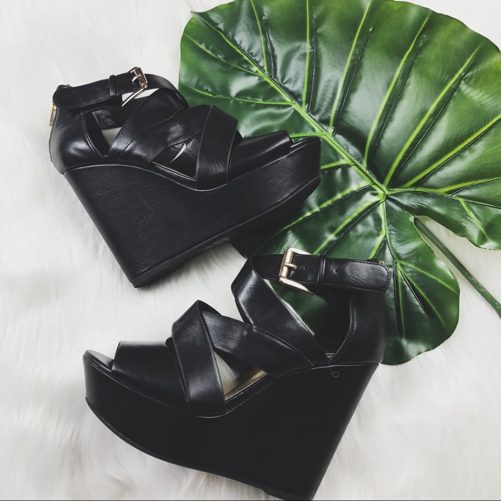 Soda Black Strappy Wedge Heels