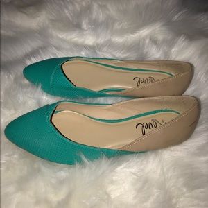 Tan and teal rebel slip on flats