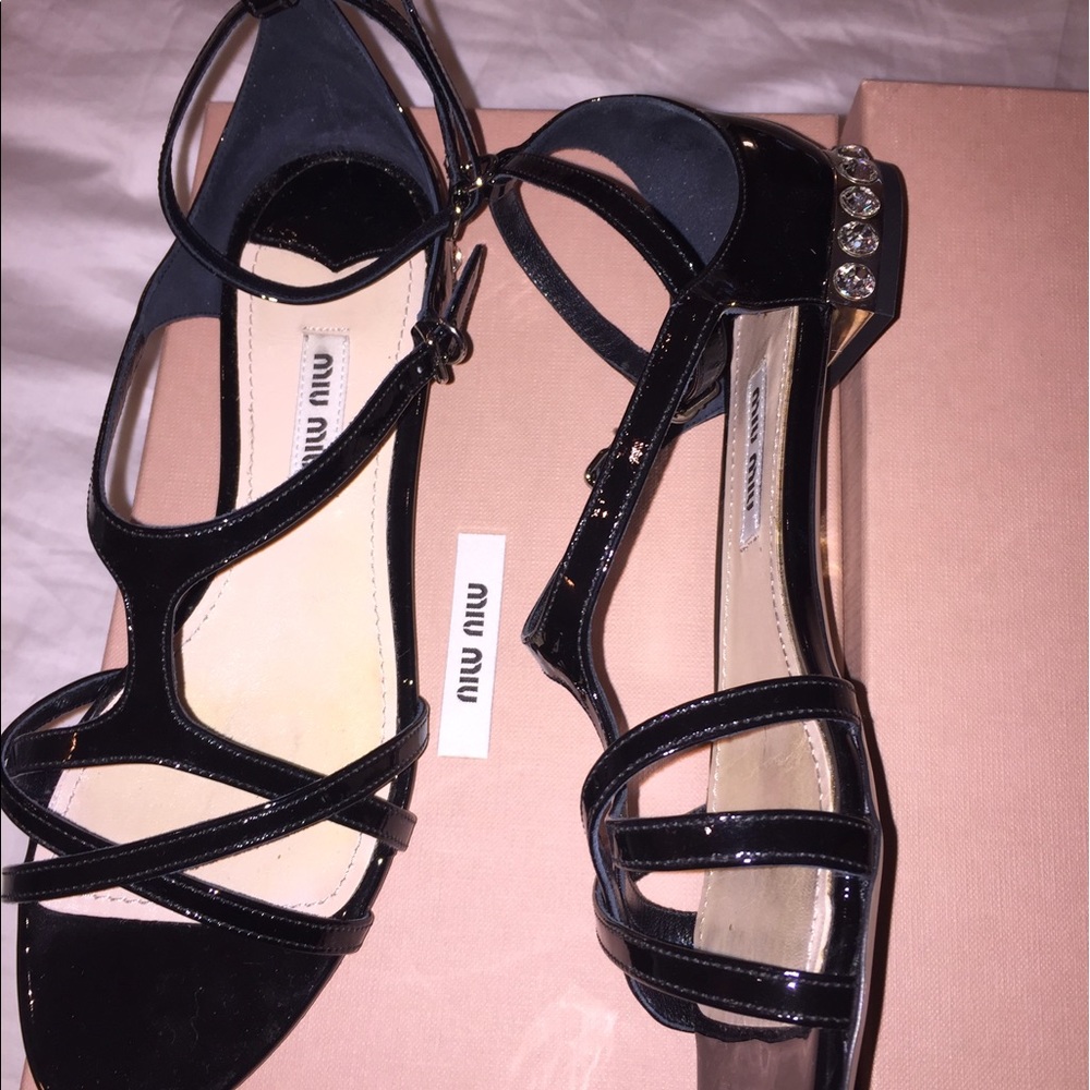 Miu Miu Prada Blk patent sandal crystal heel 6.5