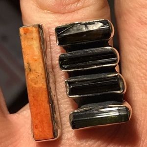 Italian coral and green tourmaline open adj. ring