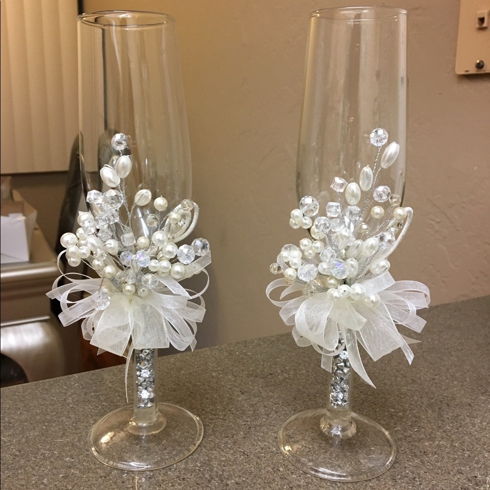 Toasting glasses for wedding. Ivory with crystals