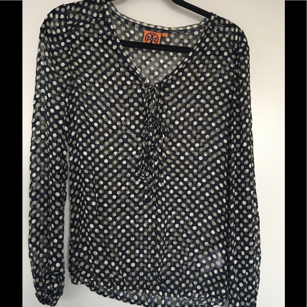 Tory Burch Sheer Navy Blouse with White Dots