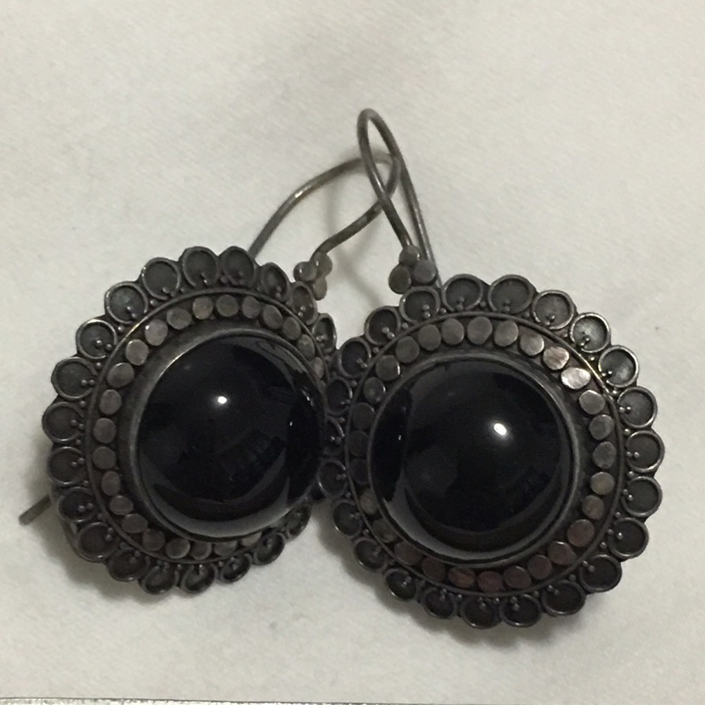Silver and black stone earrings