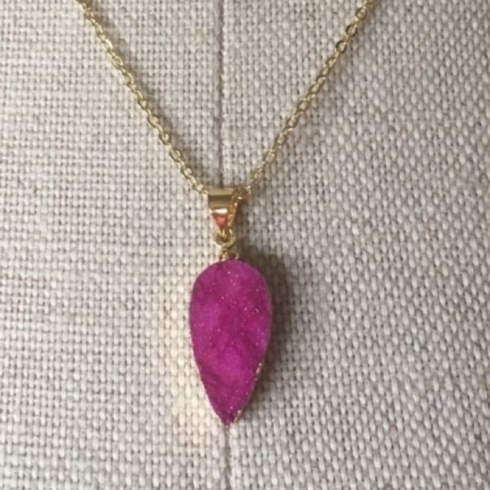 22k Hot Pink Teardrop Druzy necklace