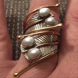 Two tone with natural pearl stones 925SS ring 7.5