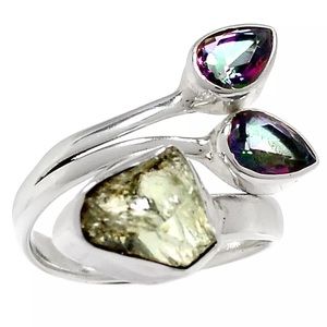 Green amethyst rough/rainbow Topaz 925SS Sz 7 ring