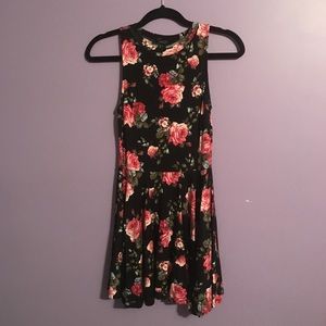 Black and Coral Floral Dress ; Open Back