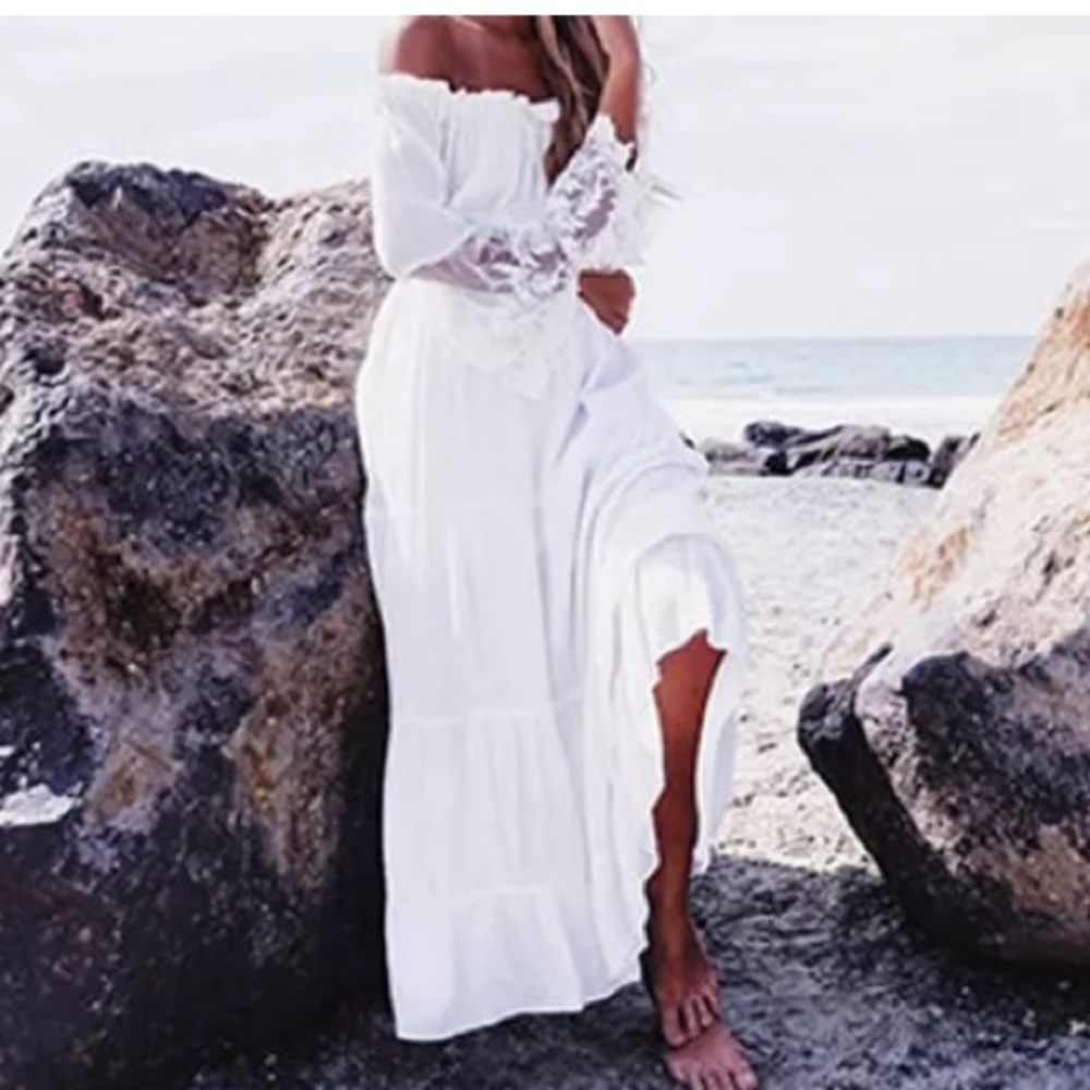 White Off The Shoulder Boho Gypsy Dress - Picture 5 of 6
