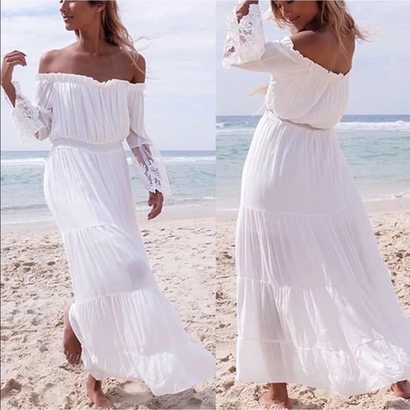 White Off The Shoulder Boho Gypsy Dress - Picture 2 of 6