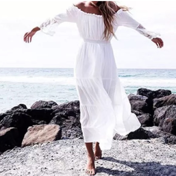White Off The Shoulder Boho Gypsy Dress - Picture 3 of 6