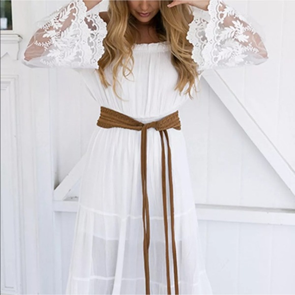 White Off The Shoulder Boho Gypsy Dress - Picture 4 of 6