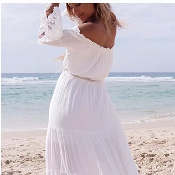 White Off The Shoulder Boho Gypsy Dress - Picture 6 of 6